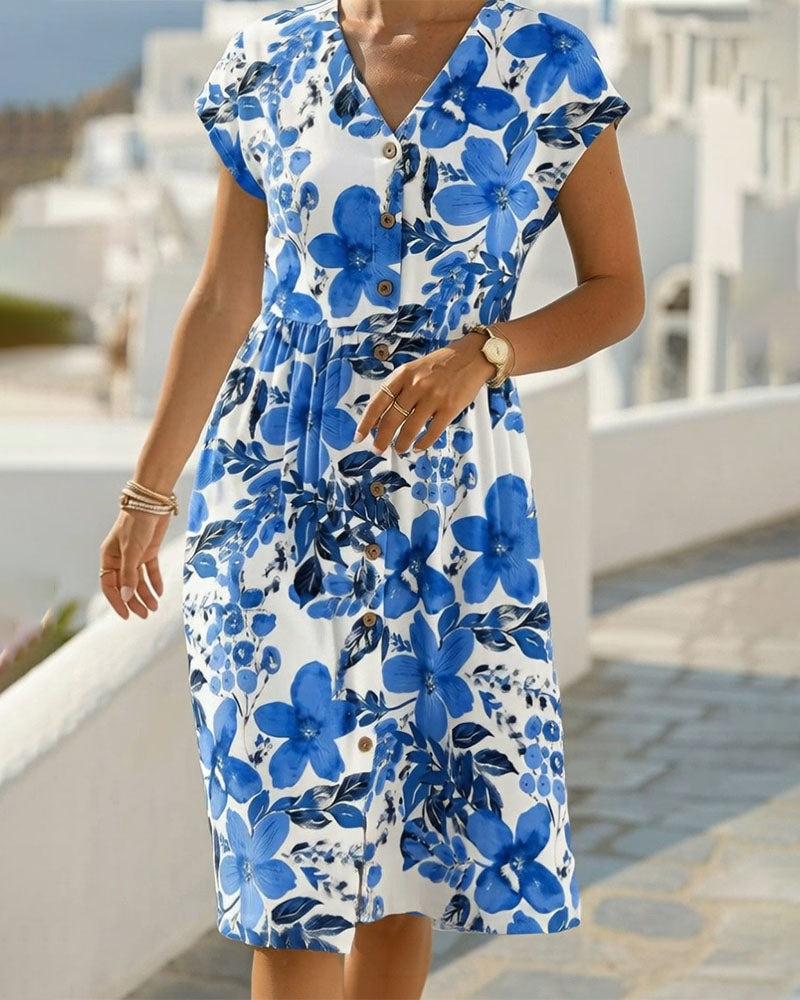 Kleid Blumendruck V-Ausschnitt Kurzarm