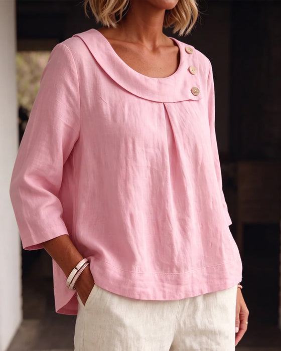 Bluse Rollter Saum Rundhals Knopf Locker