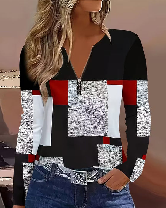 Bedrucktes Casual T-Shirt mit V-Ausschnitt und Reißverschluss