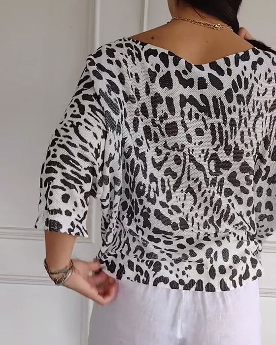 Pullover Dreiviertelärmel Leopardenmuster Locker