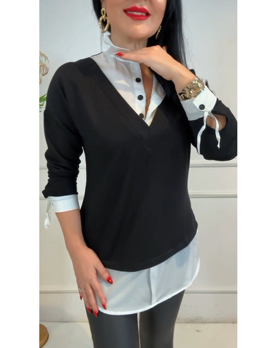 Oberteil Schwarz Und Weiß Patchwork Revers