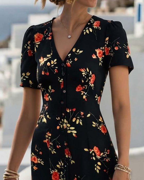 Blumen-V-Ausschnitt-A-Linien-Kleid Mit Schlitz