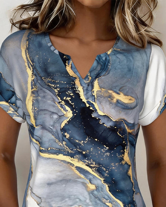 T-Shirt Marmor Druck V-Ausschnitt