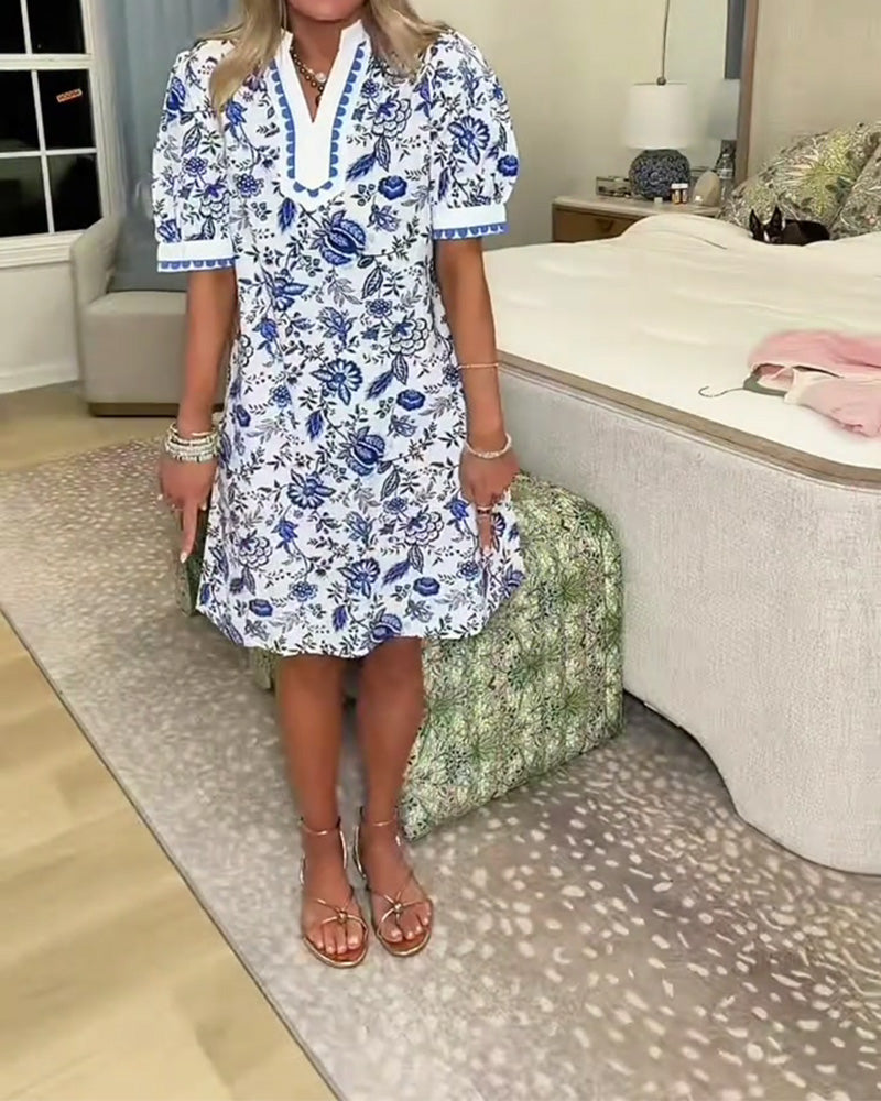 Kleid Blau Und Weiß Porzellan Druck V-Ausschnitt