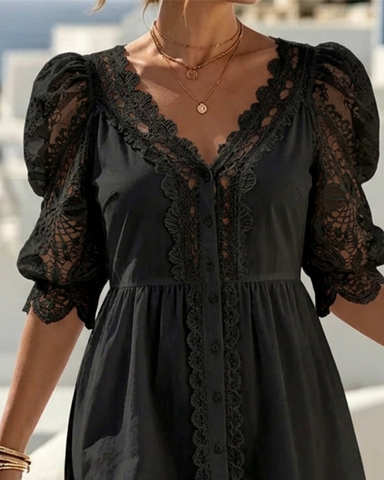 Kleid Puffärmel Spitze Kurz