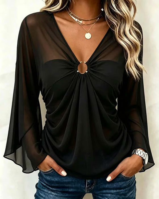 Bluse V-Ausschnitt Metall Ring Twist