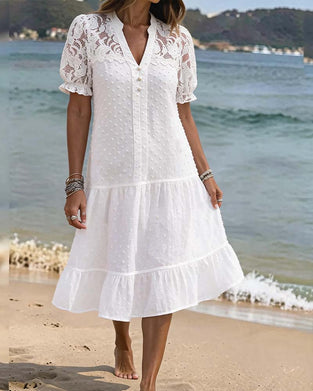 Kleid Puffärmel Spitze Resort