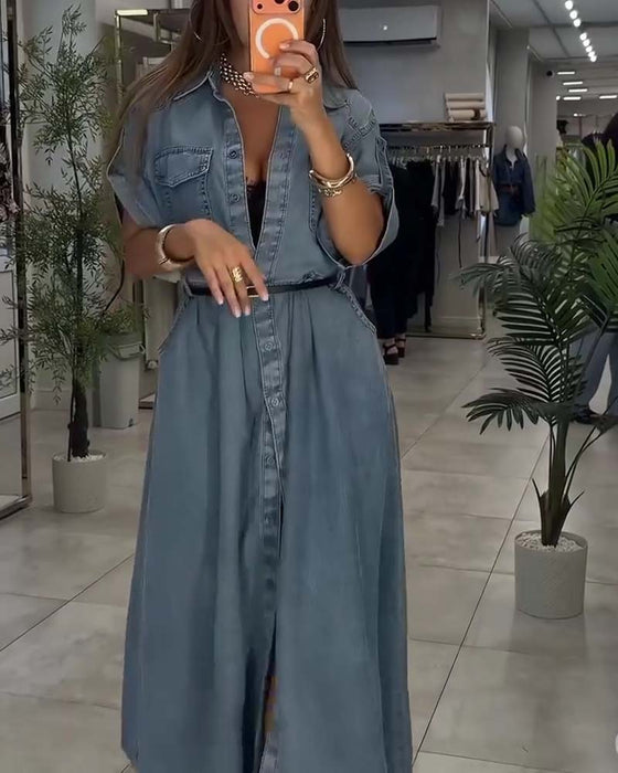 Kleid Hemd Kragen Tasche Knopf Denim