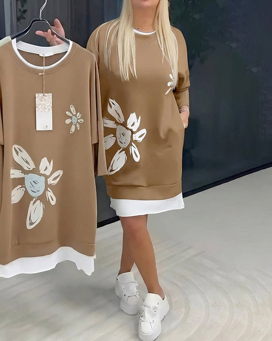 Sweatshirt-Kleid Rundhals bedruckt Patchwork