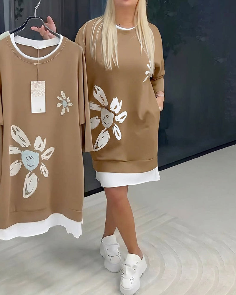 Sweatshirt-Kleid Rundhals bedruckt Patchwork