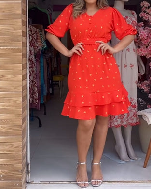 Lässiges Kleid mit kurzen Ärmeln und V-Ausschnitt und Print