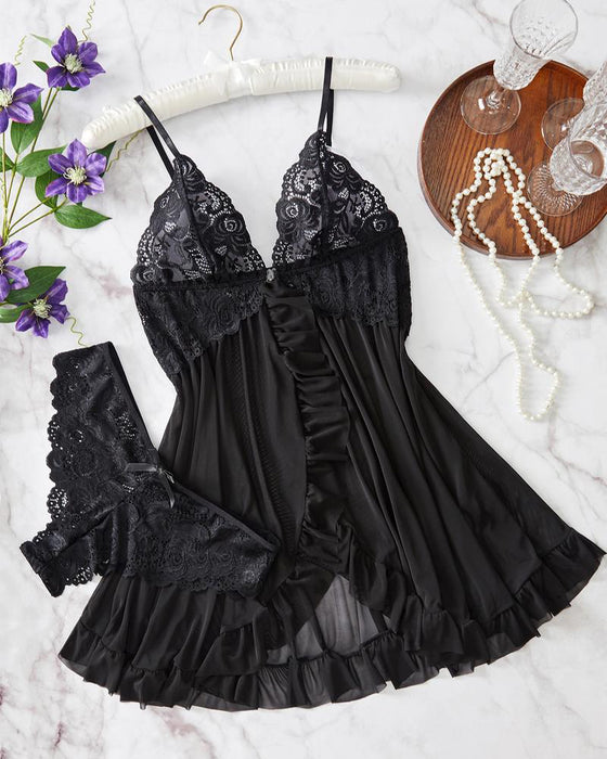 Cami Nachthemd & Schleifen-Deko Slip Set Damen Sexy Rüschenbesatz Spitze