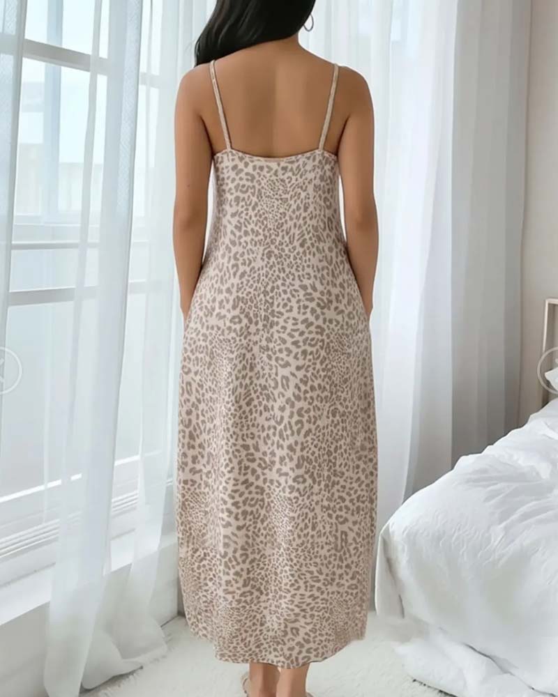 Kleid Spaghettiträger Leopard Druck Tailliert A-Linie