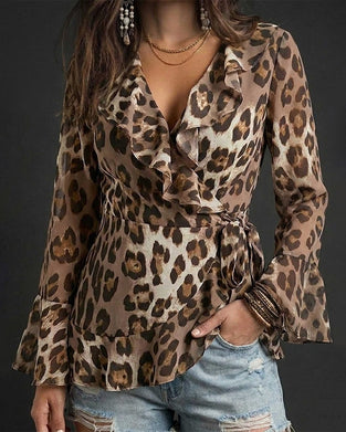 Bluse V-Ausschnitt Rüsche Leopard