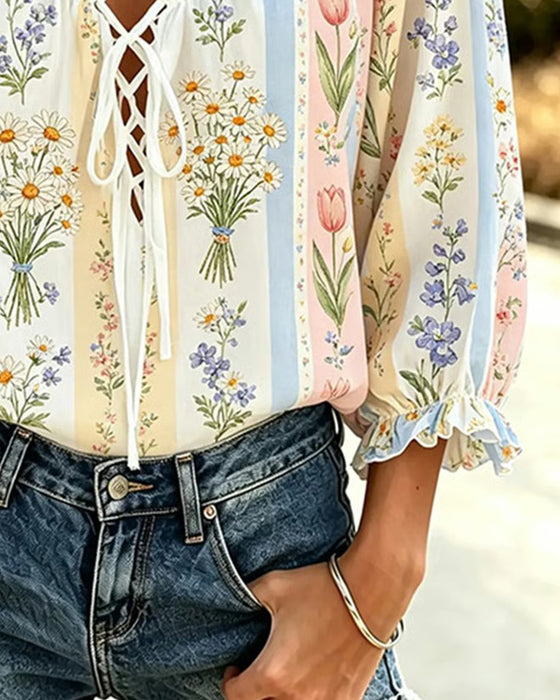 Bluse Farbblock Blumen Bindung V-Ausschnitt