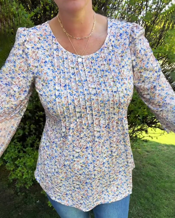 Plissiertes Top mit Blumenmuster und Puffärmeln