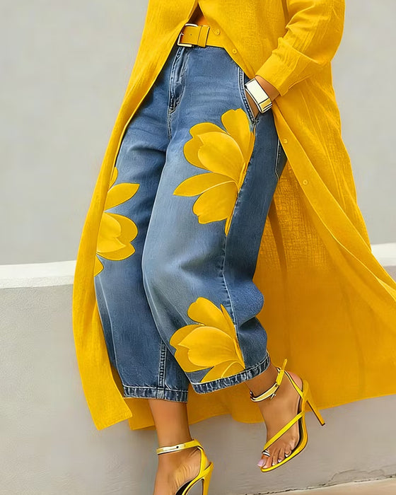 Blumenbedruckte Cropped-Jeans Mit Weitem Bein