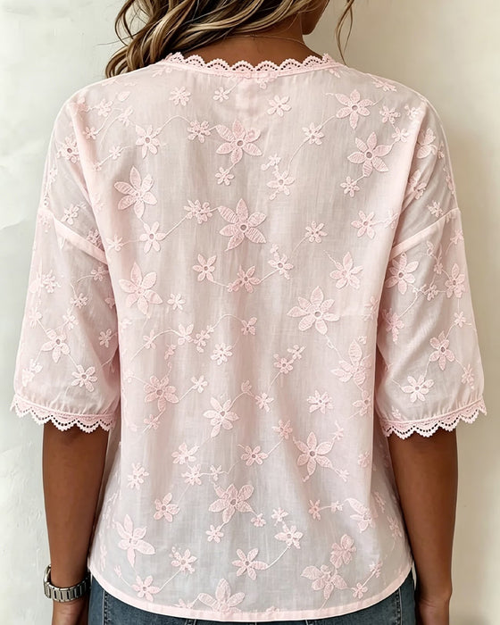 Bluse Dreidimensionale Blume V-Ausschnitt Halbarm