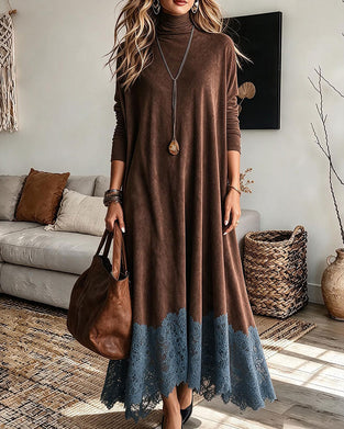 Kleid Hoher Kragen Locker A Saum Spitze