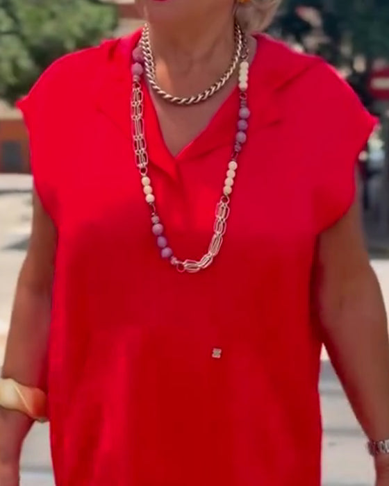 Kleid Revers Ärmellos Schlitz Einfarbig