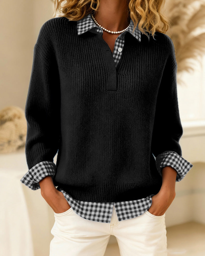 Unifarbener Pullover mit Karo-Patchwork