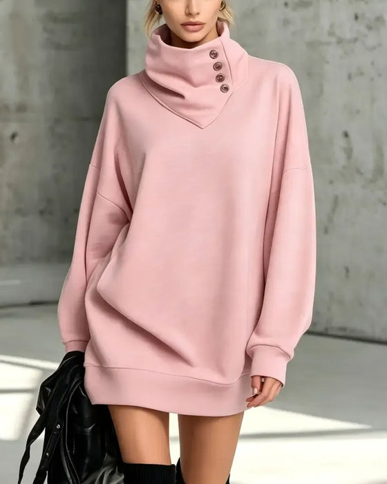 Kleid Rollkragen Diagonaler Knopf Loose Fit