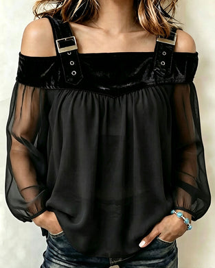 Bluse Samt Panel Stilvoll Cold Shoulder