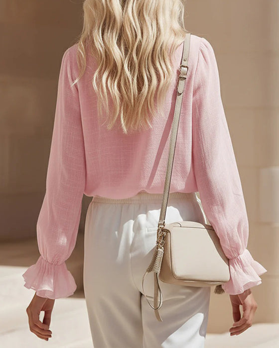 Bluse Rüsche Langarm Leinen