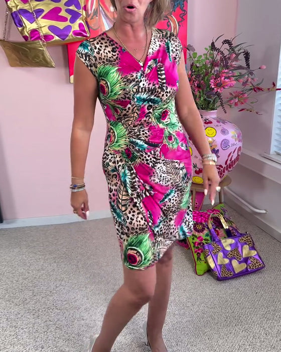 Kleid V-Ausschnitt Wickeloptik Leopardenmuster