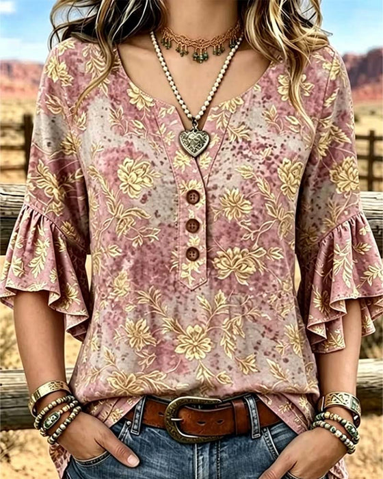 Bluse Retro-Druck locker Rüsche