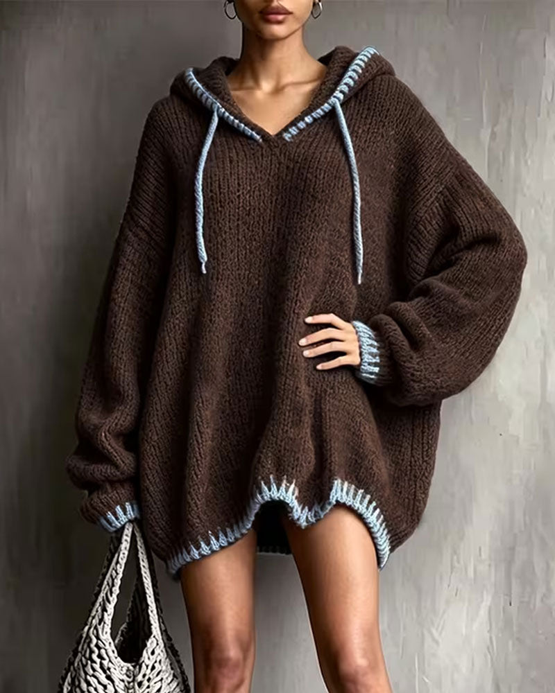 Strickkleid Kontrast Kordelzug Kapuze