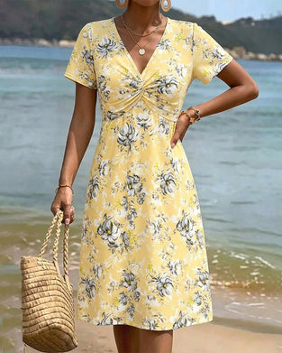 Kleid Blumen V-Ausschnitt Twist Knoten