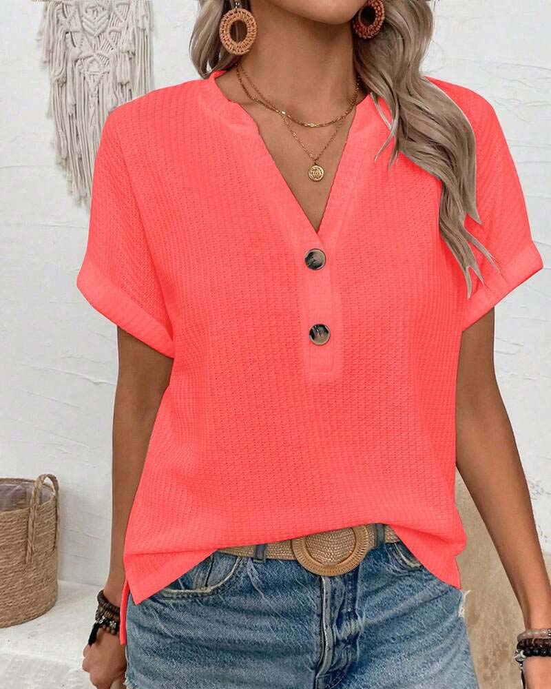 T-Shirt Waffel V-Ausschnitt Knopf