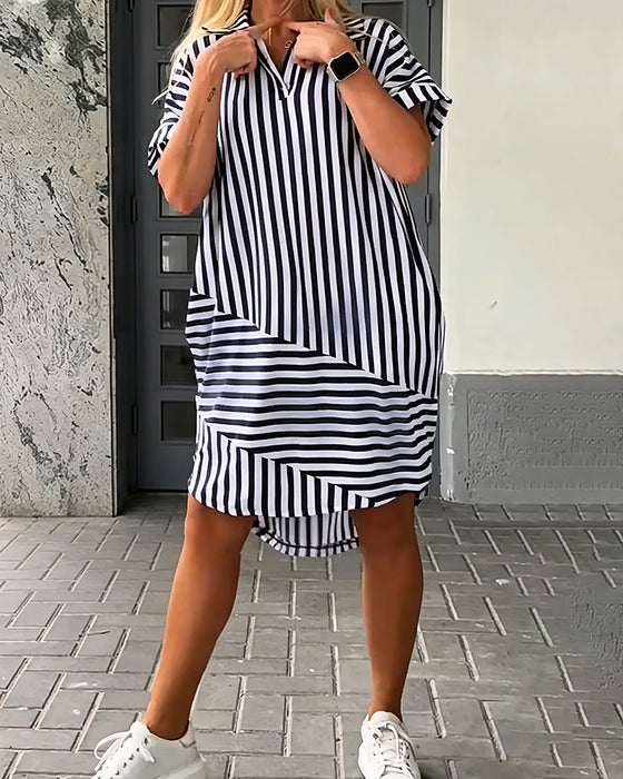 Kleid Reverskragen Gestreift Unregelmäßiger Schnitt