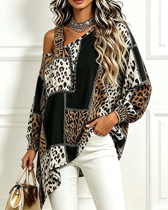 Bluse Leopard Druck Patchwork Asymmetrischer Ausschnitt Langarm