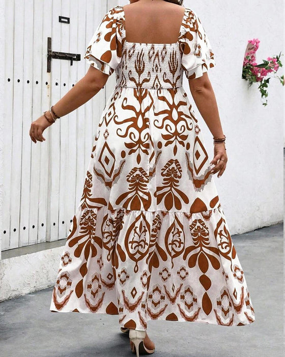 Kleid Blau Porzellan Quadratischer Ausschnitt Druck Maxi