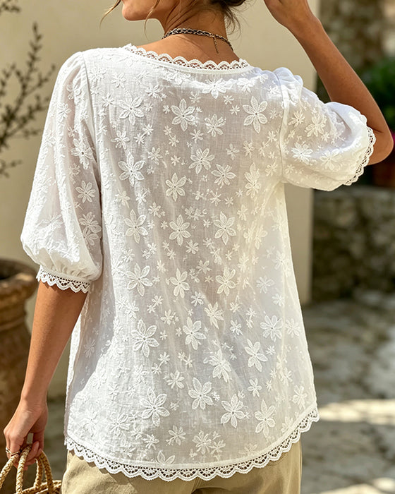Bluse Mit Viereckigem Ausschnitt Puffärmel Jacquard