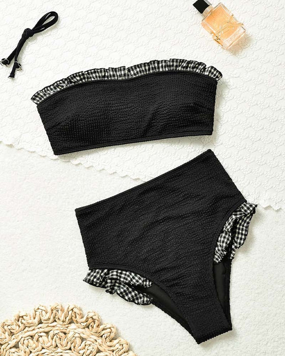 Bikini Karo Rüsche Trägerlos