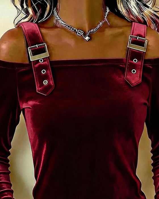 Oberteil Samt Off-Shoulder Langarm