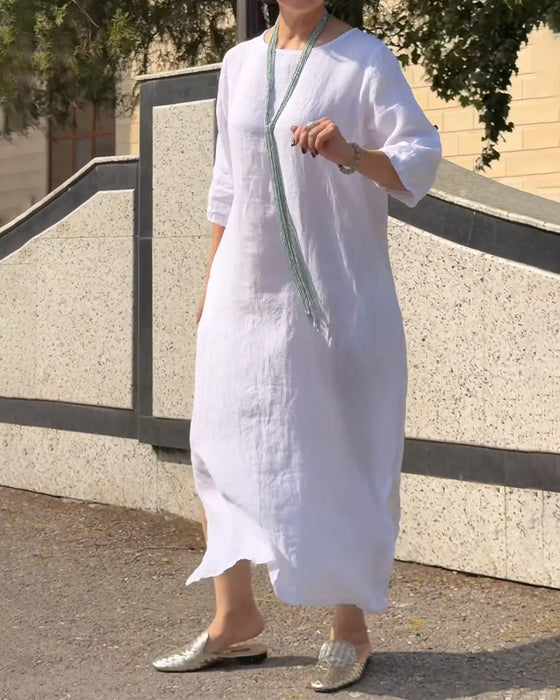 Kleid Rundhals Uni Ellenbogenlang Ärmel Locker