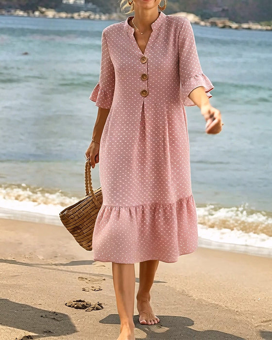 Kleid Polka Dot V-Ausschnitt Rüsche Ärmel