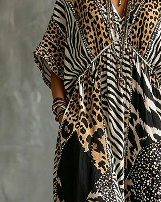 Kleid V-Ausschnitt Leopardenmuster Fledermausärmel