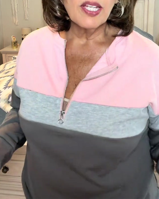 Sweatshirt Mit Reißverschluss, Stehkragen Und Farbblockierung Langarm