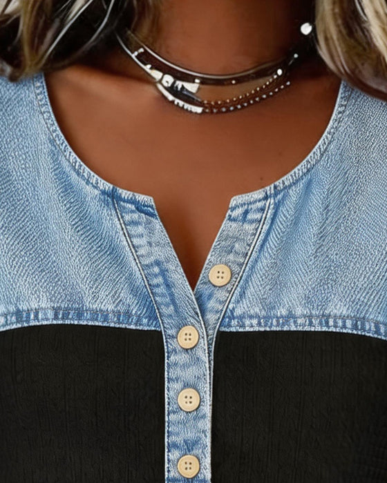 Bluse Denim Patchwork Kurzarm