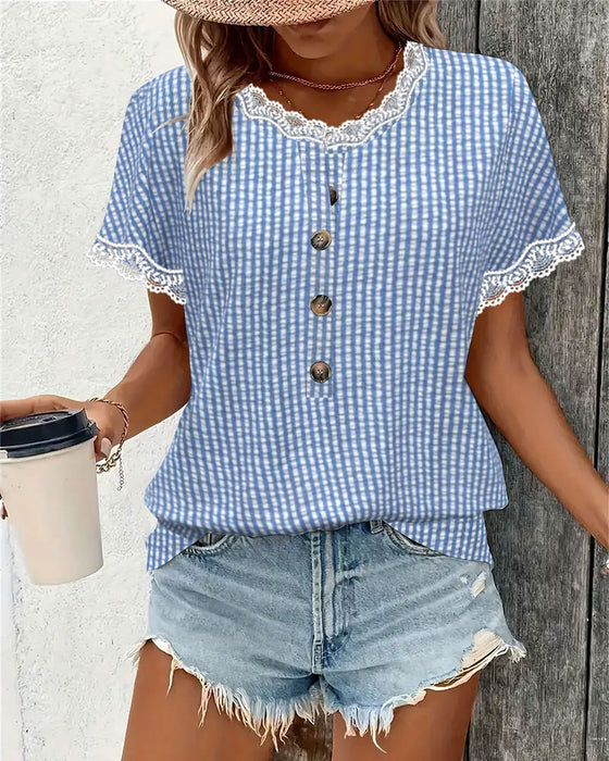 Bluse Rundhals Spitze Patchwork gestreift