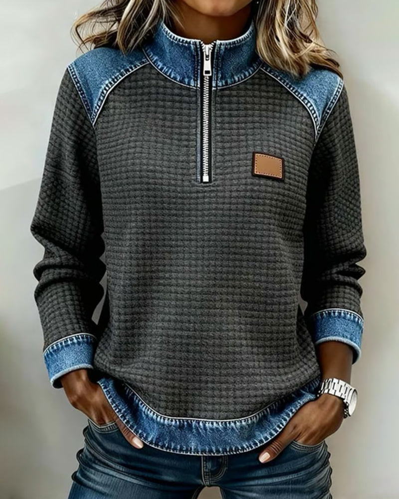 Sweatshirt Mit Halbem Reißverschluss Und Farbblock-Design