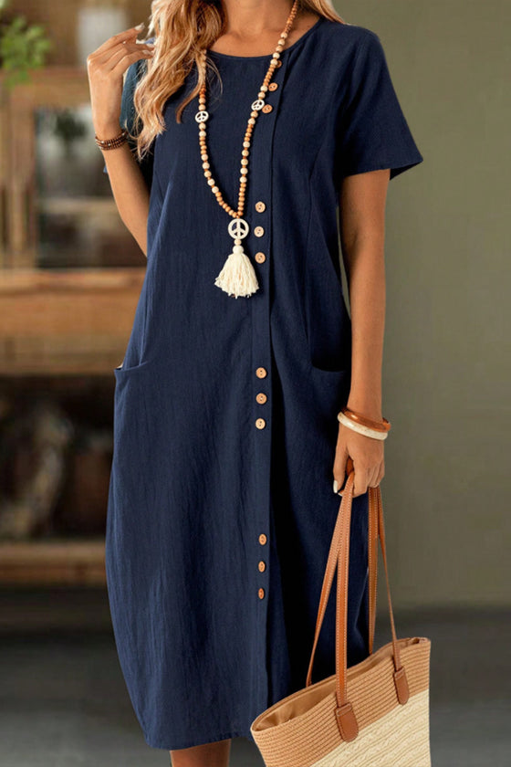 Kleid Geknöpft Kurzarm Tasche Shift
