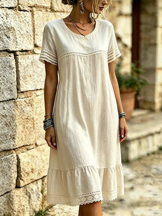 Kleid Spitze Rüsche Rund-Hals Kurzarm