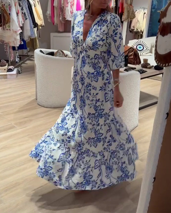 Kleid Tiefer V-Ausschnitt Elegant Blumig Lang