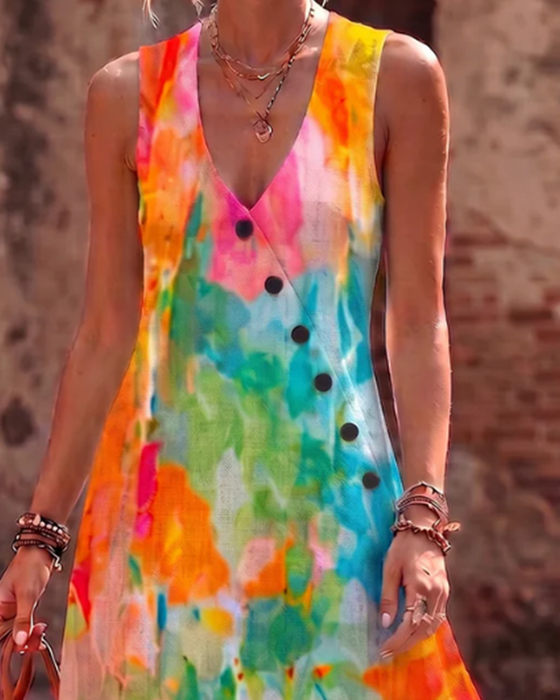 Kleid Ärmellos Aquarell Blumig Elegant Maxi